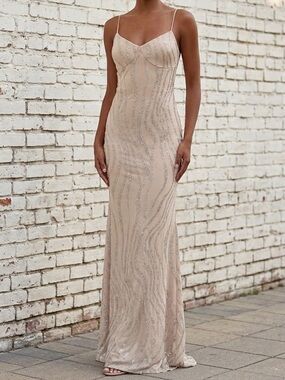Y2K Nude Glitter Maxi Dress Open Back Prom Formal Gown Pageant Bodycon XS
